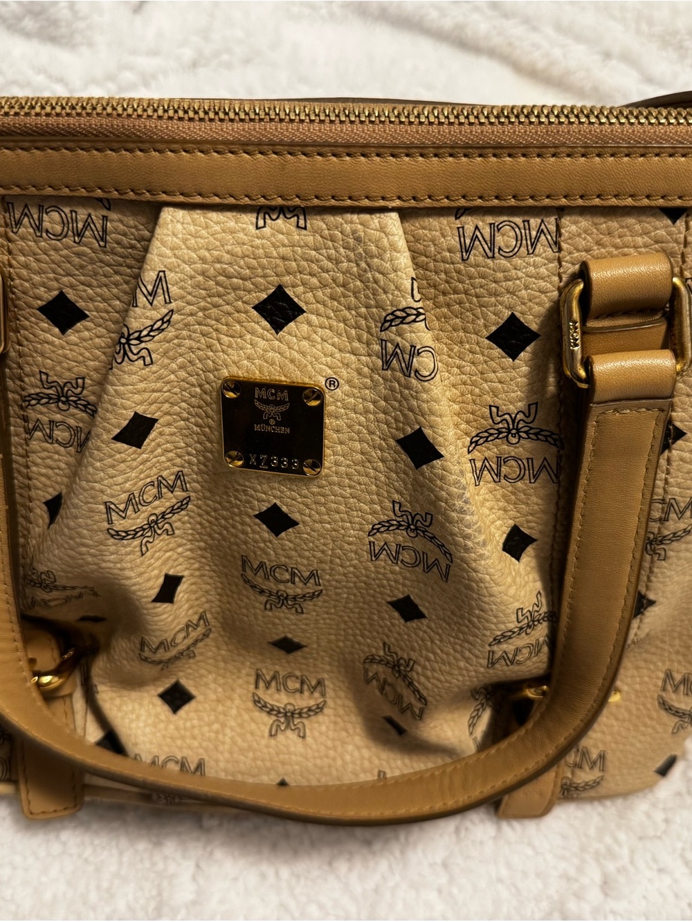 MCM Cognac Beige Monogram Leather Shoulder Bag